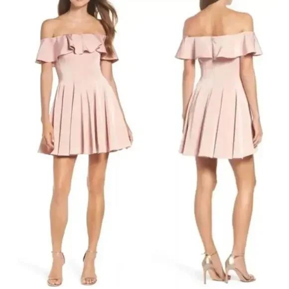 La Femme NWT Blush Pink Ruffled Off Shoulder Fit & Flare Dress- Size 4 - Picture 3 of 11